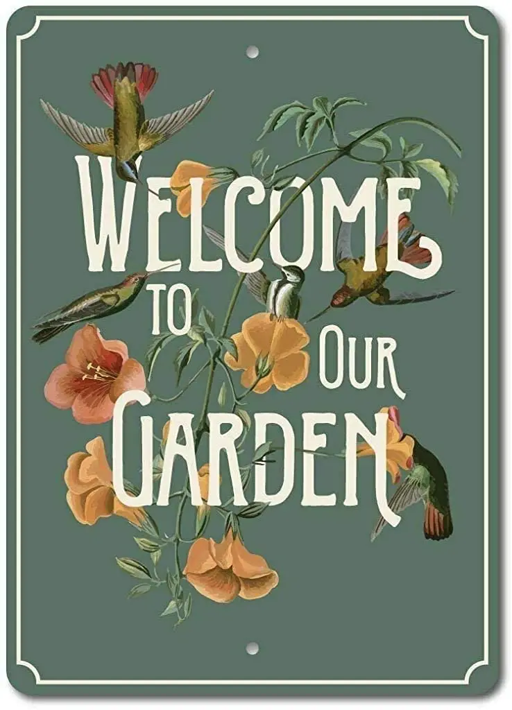 

8x12Inch Metal Tin Sign,Welcome to Our Garden Art Plaque Home Wll Decor For Coffee Bar Room Vintage Decor