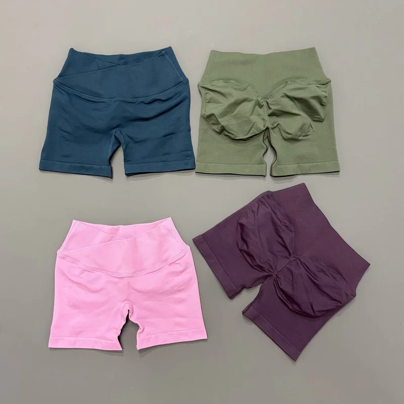 여성용 비전 쇼츠 4.5인치 요가 심리스 크로스오버 허리짐 요가 스트레치 레깅스 피트니스 러닝 운동 사이클링 스포츠 타이츠