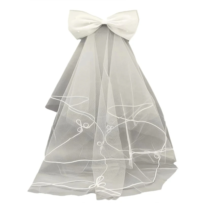 

Flower Girl Veil with Large Bow Veils with Hair Clip Wedding Hair Accessories White Wedding Veil Pearls Bow Short Veil