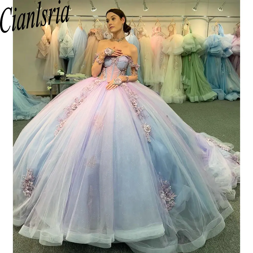 

Сиреневое платье с бисером и кисточками, с 3D цветами, мексиканское платье для Quinceanera, бальное платье с открытыми плечами, кружевной корсет с аппликацией, платья для XV, лет