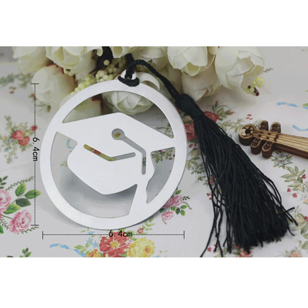 

6pcs Stainless Steel Page Marker Doctoral Shaped Bookmark with Black Tassel Graduation Gifts (Silver)
