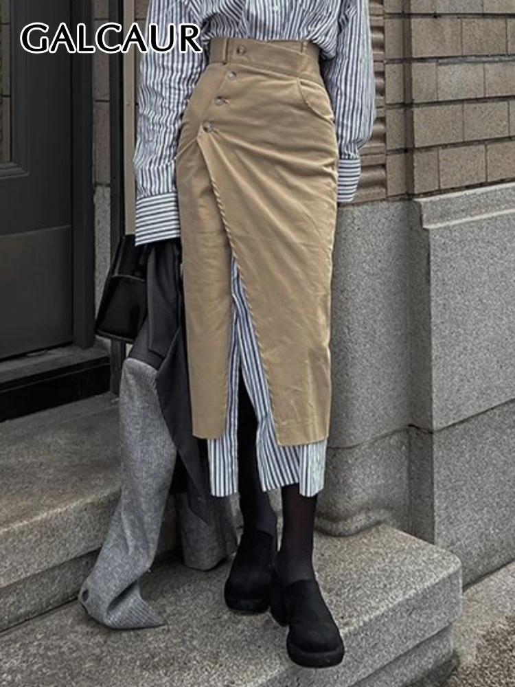 

GALCAUR Korean Irregular A Line Skirts For Women High Waist Patchwork Button Split Colorblock Slim Spliced Striped Skirt Female