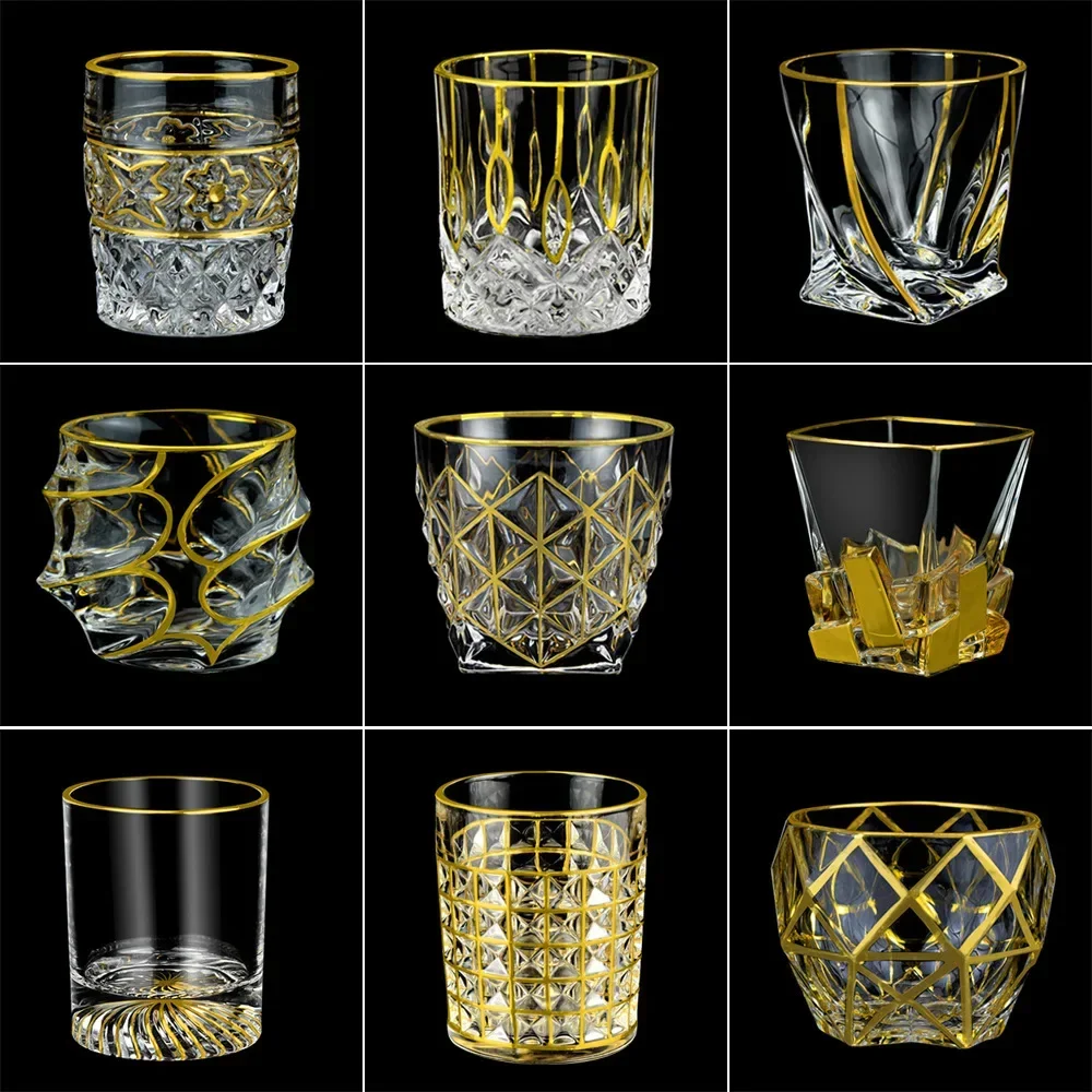 Gold Statue Handdrawn Crystal Glass, Whiskey Cup, Home Water, Carved Fruit Juice Cup, Gold Statue