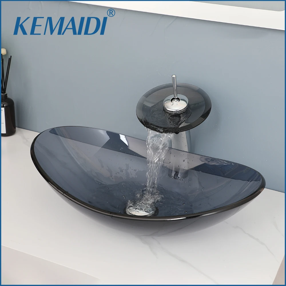 KEMAIDI-Oval Glass Vessel Sink com torneira de cachoeira, Pia do banheiro temperado, Acima do contador