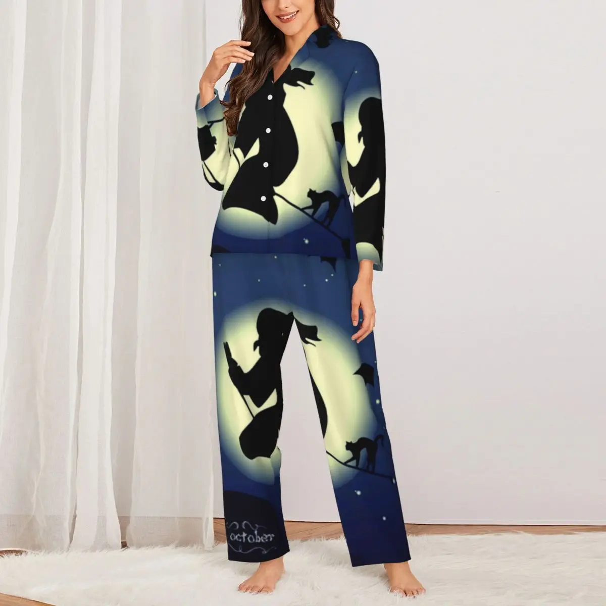 

Пижамный комплект Женский из двух предметов, модная повседневная одежда для сна с принтом «вочи», в стиле ретро, ночная рубашка оверсайз, черного цвета, на весну, подарок на день рождения