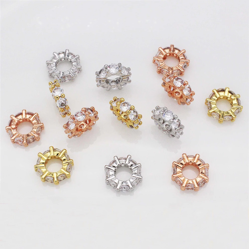 

5pcs Rhinestone Beads Spacer Rondelle Zircon Loose Rose Gold Silver Color Plated Snowflake Diy Necklace Bracelet Charms Findings