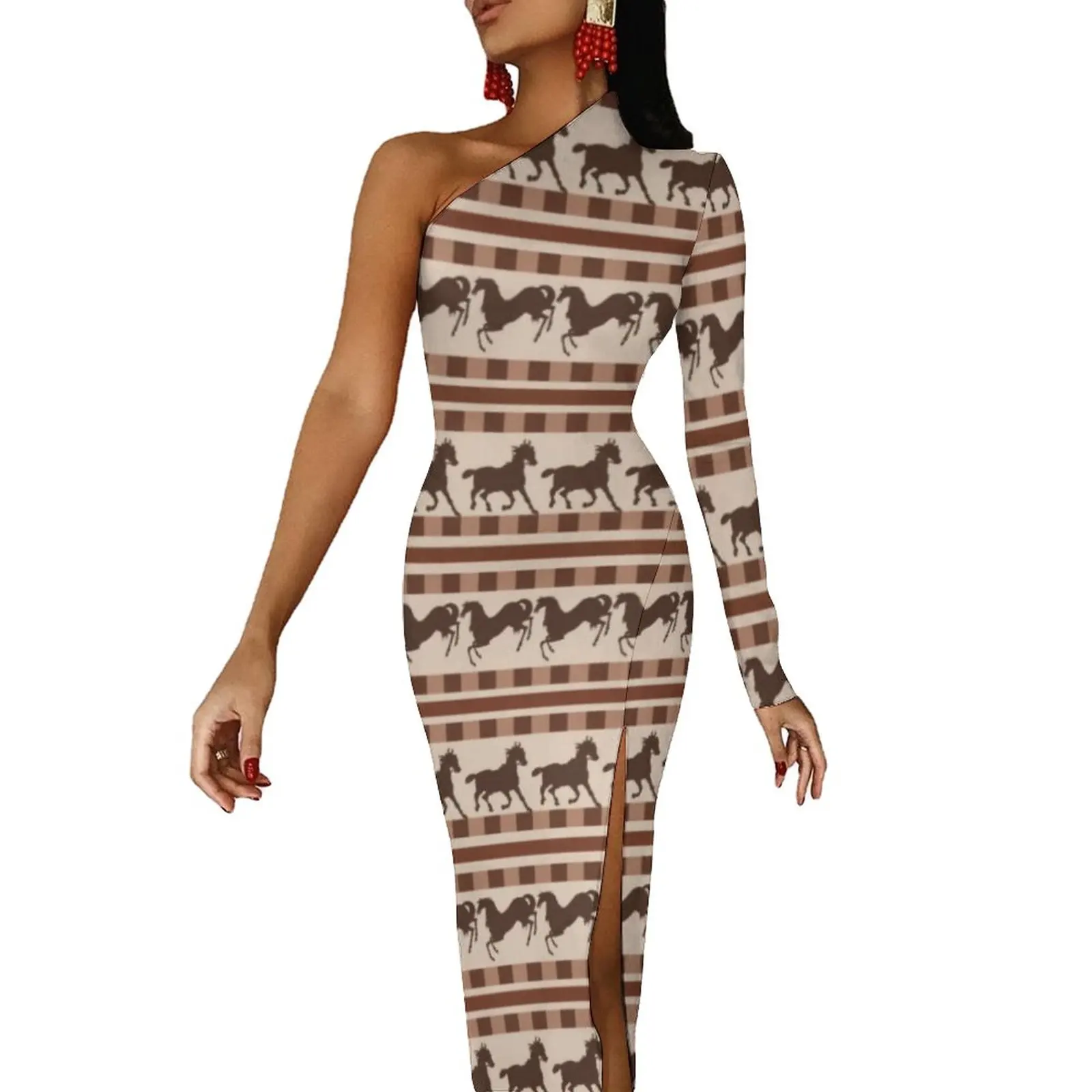 

Brown Horse Stripes Bodycon Dress Galloping Animal Print Night Club High Slit Long Dresses Long Sleeve Graphic Party Dress