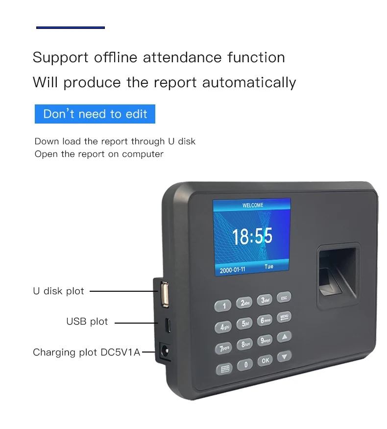 2.4 Inch Biometric Fingerprint Time Attendance System Clock Recorder Employee Recognition Recording Device Electronic Machine images - 6