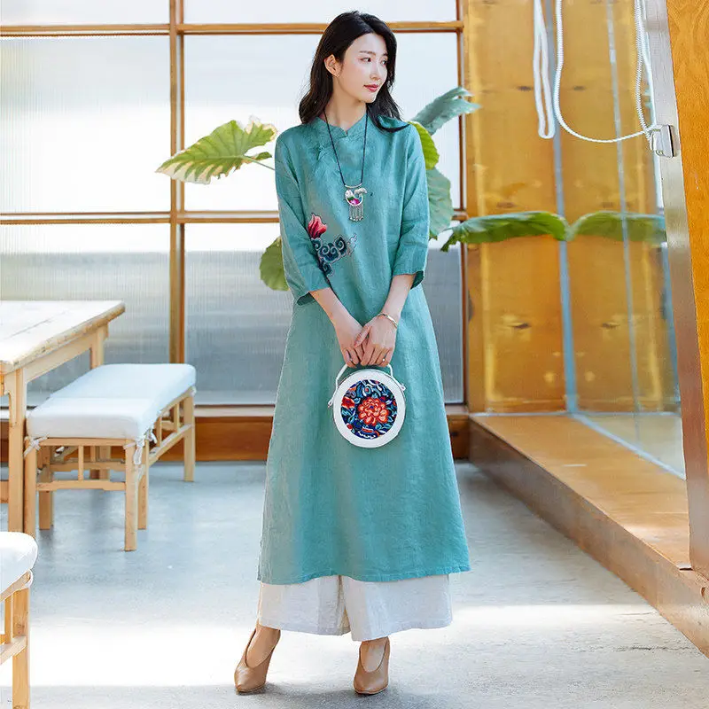 

Vietnamese Aodai Dress Women Traditional Chinese Style Three Quarter Sleeves Vintage Elegant Slim Qi Pao Sets Asian Linen Dress