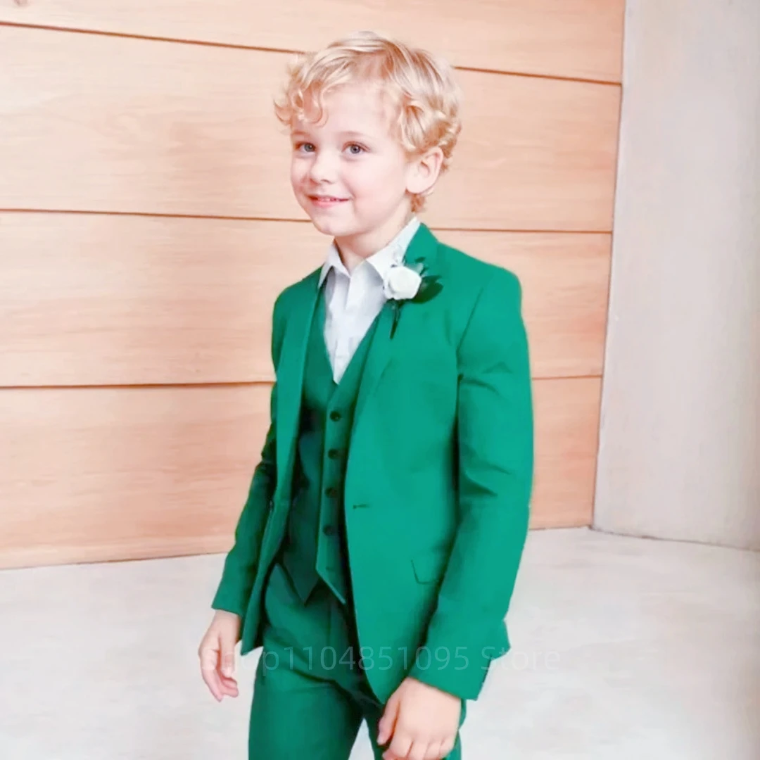 Green 3 Piece Boys Suit Fashion Design Jacket Pants Vest Set Kids Tuxedo for Wedding Graduation Stage Performance Formal Outfit