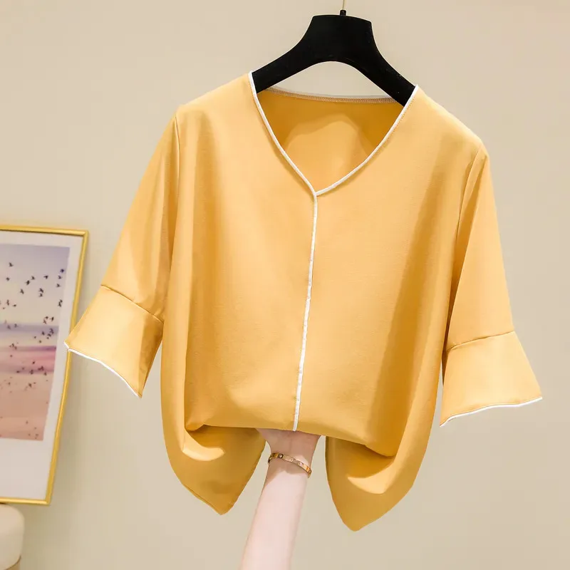 

2023 Chiffon Shirt Women Sweet Flared Sleeve V-Neck Spring Summer Tops Loose Three-Quarter Sleeves Tee Shirts Fashion Blouse