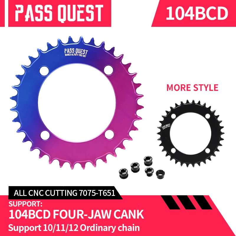 

PASS QUEST MTB 104BCD Round Color Road Bike Narrow Wide Crankset 32T 34T 36T 38T 40T 42T 44T 46T 48T Sprocket Silver and Black