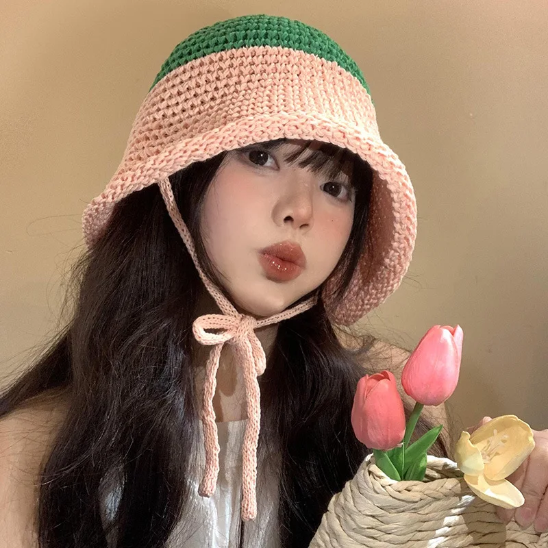 

Korean Simple Color Matching Woven Bucket Hat Women's Summer Seaside Vacation Sunshade Versatile Lace-up Dome Sun Cap Панама