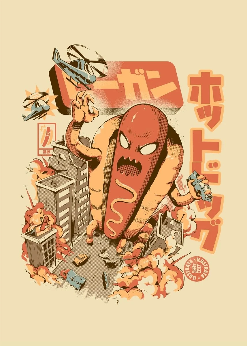 Vintage Japanese Kaijus Food Art Canvas: Sushi, Ramen, and Burgerzilla Poster