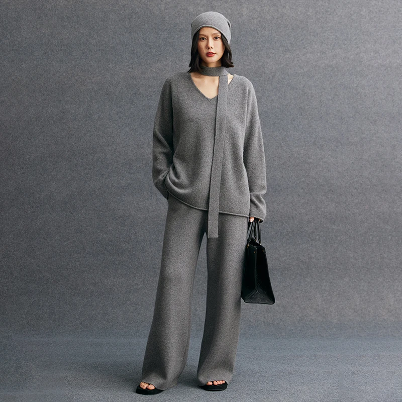 Women's matching set 100% cashmere loose rolled edge V-neck pullover sweater casual solid knitted wide leg pants two-piece set 3