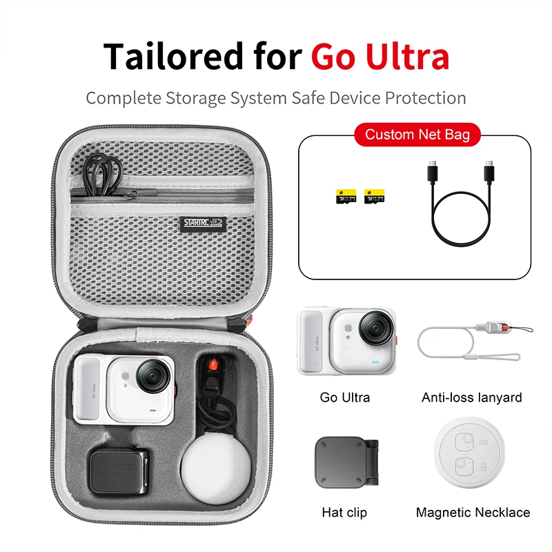 Étui de rangement pour accessoires Insta360 GO Ultra, sac PU avec mousqueton et poche zippée