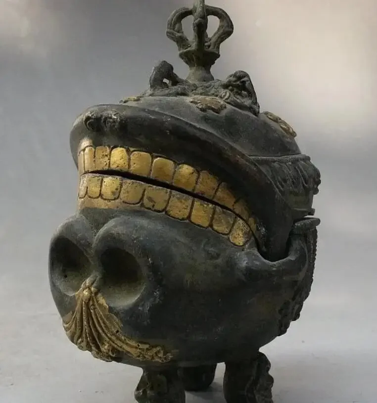 

Tibet Bronze Gild Phurba Skeleton Skull Head 3 Leg Statue Incense Burner Censer