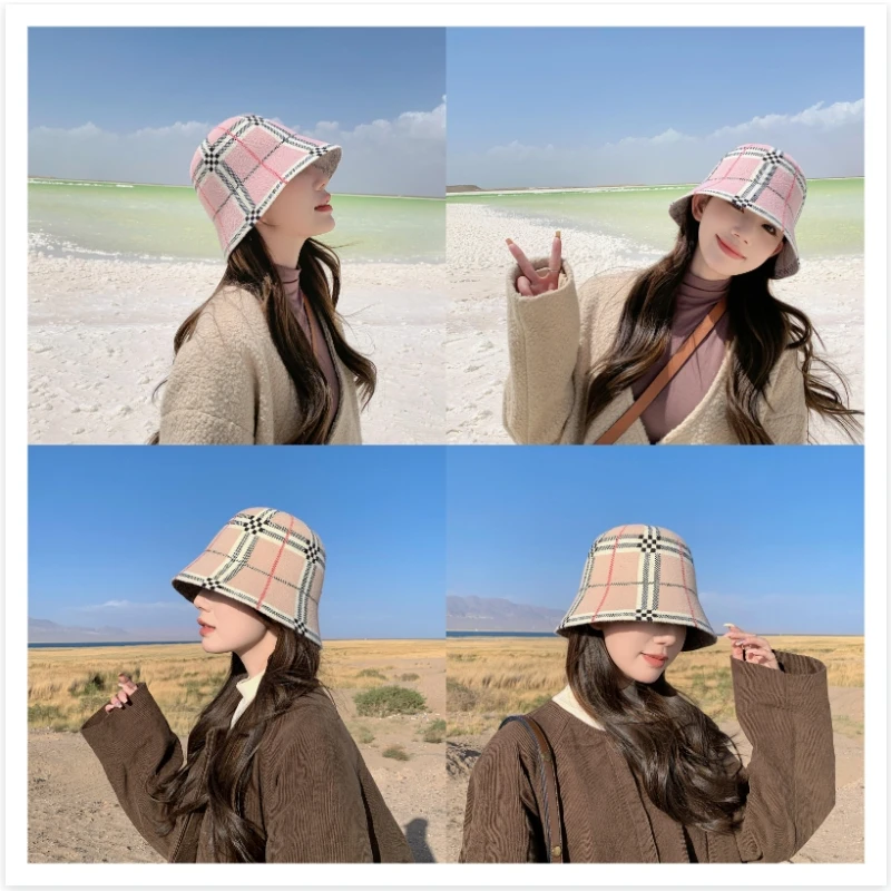 Winter Bucket Hat Women Outdoor Warm Velvet Plaid Cashmere Wool Basin Fisherman Hat Panama Caps women bucket hat,women hat,bucket hat