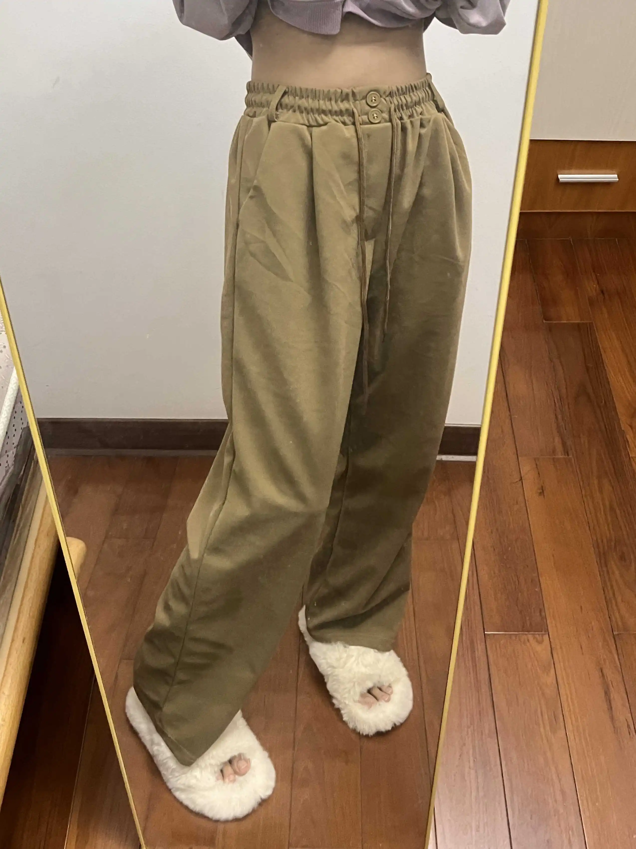 

Retro khaki sportswear pants Women's spring and summer thin small loose thin straight leg wide leg suit pants