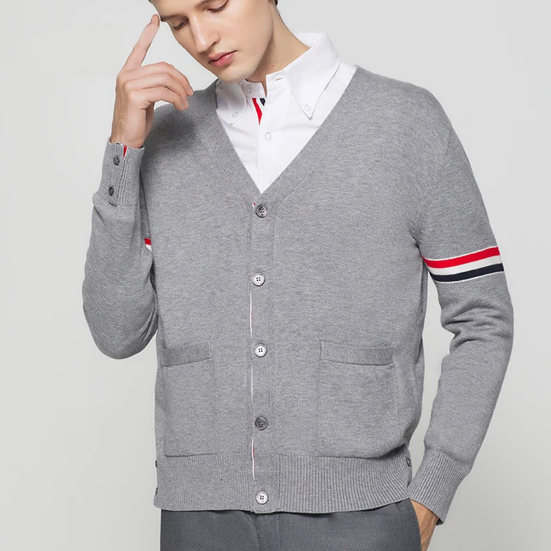 

TB THOM Wool Knitted Cardigans Men's Long Sleeve Fashion Style Knitted Coats Korean Luxury Brand V-Neck Cardigans Sweaters