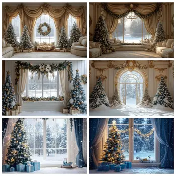 Christmas Room Window Curtain Backdrop Xmas Tree Gifts Interior Family Party Photography Background Wall Decor Photostudio Prop