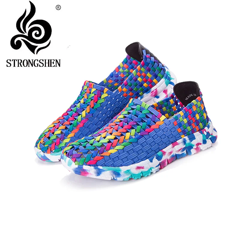 

STRONGSHEN New Women Shoes Summer Casual Shoes Flats Breathe Female Woven Walking Shoes Slip On Lady Loafers Handmade Shoes