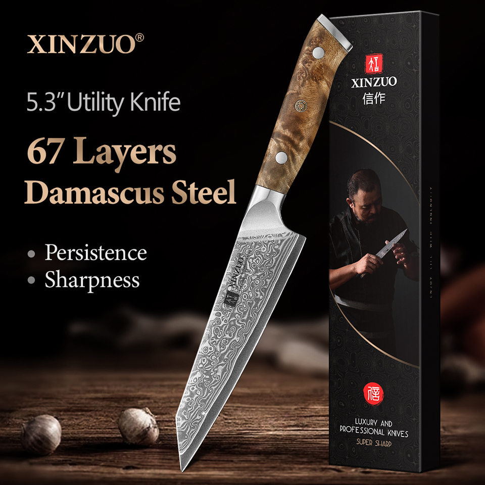  XINZUO 5.3 Inches Choice Damascus Steel Square-Head Utility Knife 67 Layers Steel 60±2 HRC Figured Sycamore Wood Handle 