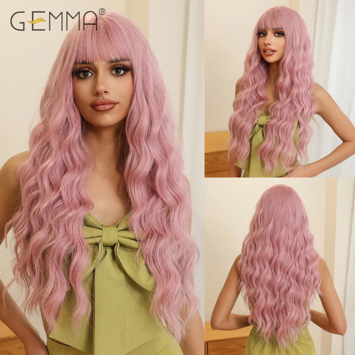 Synthetic Light Pink Long Curly Wig with Bangs Deep Wave Natural Hair Wigs for Black Women Heat Resistant Cosplay Lolita Wig