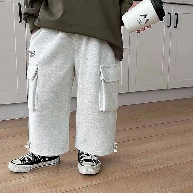 Black/grey Sweatpants Teen Boys Handsome Loose Straight Wide Leg Pants Streetwear Joggers Boys Pocket Casual Pants 2-12 Y