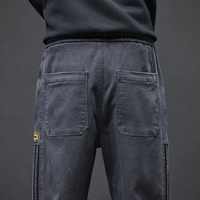 2023 The New Korean Version of Imitation Jeans Men's Fashion Brand Three Bar Design Harlan Pants Go with Loose Pants Jeans Print