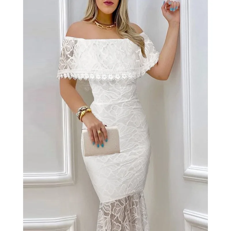 

Wepbel Off-Shoulder Bodycon Dress Women Sexy Slash Collar Lace Sheath Sexy Banquet Dress Solid Color High Waist White Midi Dress