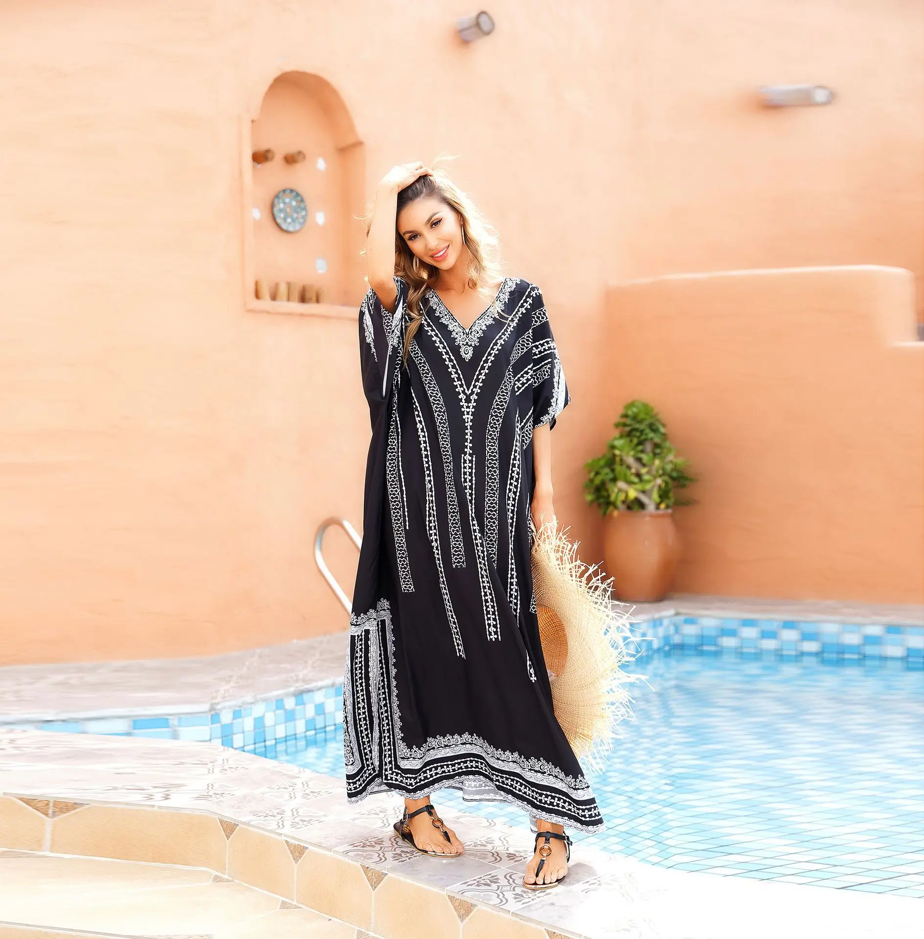 فستان قفطان شاطئ مطبوع للنساء ، بدلة سباحة بأكمام...