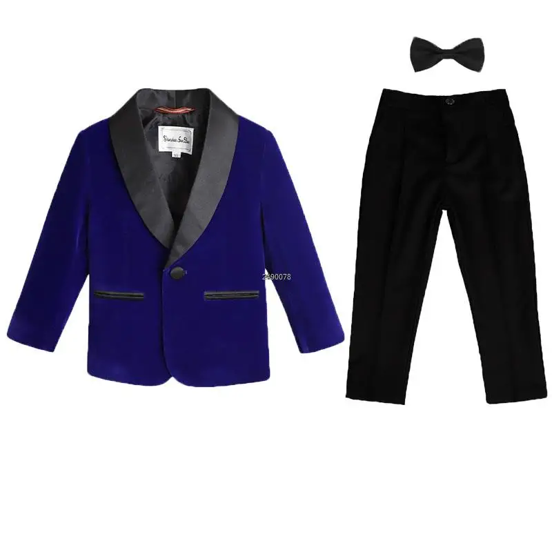 Boys Suit Set Kids 1 Year Birthday Dress Baby Boys Purple Velvet Blazer Jacket Pants Photograph Suit Children Wedding Performance Evening Wear