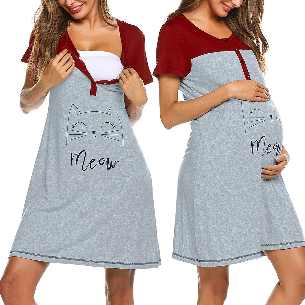 Women Maternity Dresses Short Sleeve Cute Print Pajamas Nursing Nightdress Breastfeeding Dress womens dresses