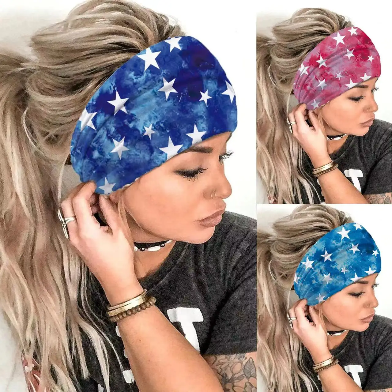 Star Wide Headbands Women Non Slip Boho Headbands Elastic Tie Dye Headbands Yoga Workout Sweat Bands Running Sport Hair Bands