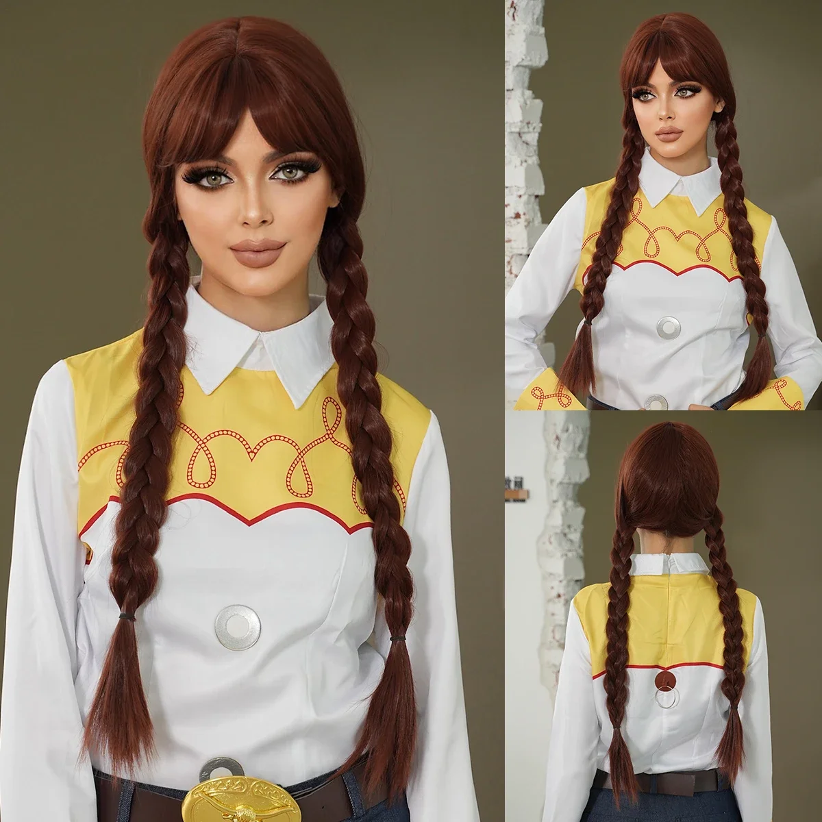 NAMM Halloween Costume Party Wigs Long Reddish Brown Braids Wig with Bangs Braid Cosplay Wig Synthetic Hair for Girls