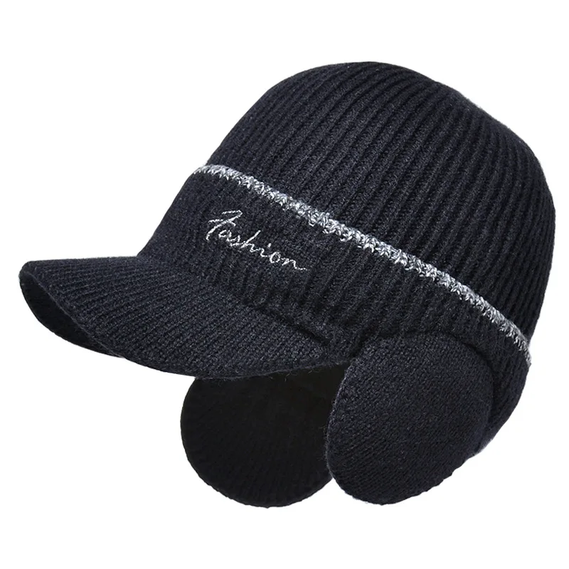 

Winter Wool Knitted Cap for Men Ear Protection Cold Weather Visor Beanie Outdoor Baseball Warm Fleece Hat Women Newsboy Cap