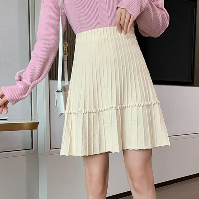 2020 Autumn Women Skirt Elegant Fashion Pleated Knitted Elastic High Waist Skirts Woman Casual Female A-Line Mini Skirt Winter satin skirt Skirts