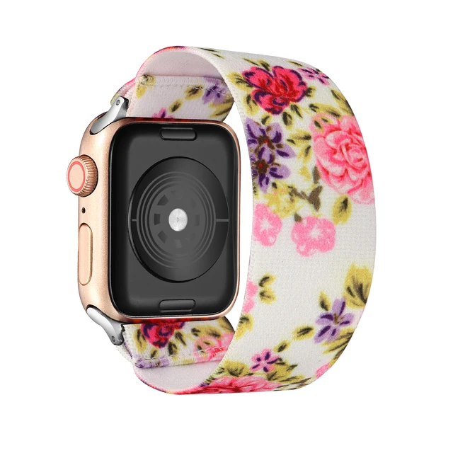 Elastic Scrunchie Strap Band for Apple Watch 7 5 6 4 8mm 40mm 42mm 44mm Women Bracelet for iwatch series 7 6 se 5 4 45mm 41mm white peony