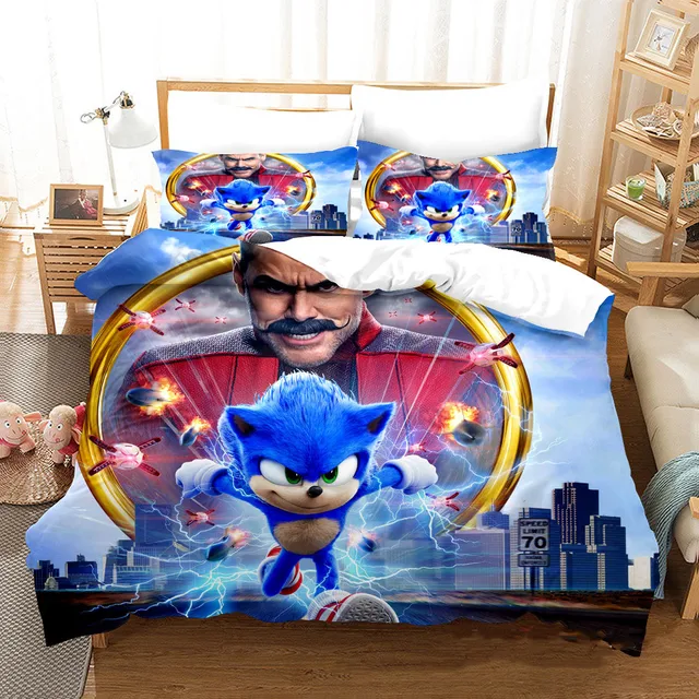 AMLUCASBRIDAL Conjunto de cama Sonic The Hedgehog capa de edredom conjunto  de cama Sonic para meninos e meninas decoração de quarto 3 travesseiros com  2 fronhas azul royal preto vermelho queen 014