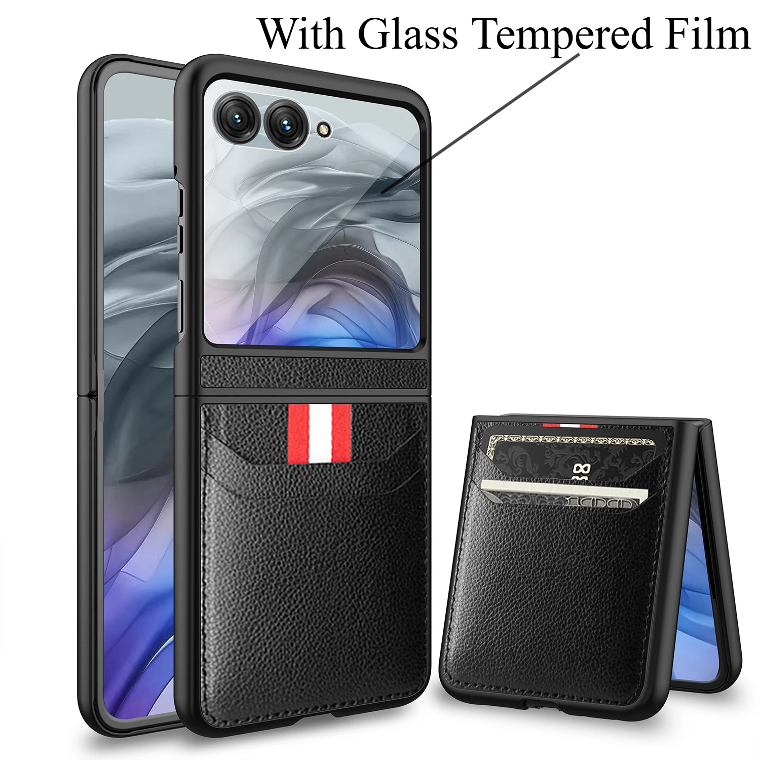 Luxury Lychee Pattern Card Slot Phone Case with Tempered Glass Cover