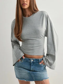 Street Sytle Flare Long Sleeve Cropped T-shirt for Women Spring Autumn Casual Round Neck Crop Top Streetwear Y2K Clothes