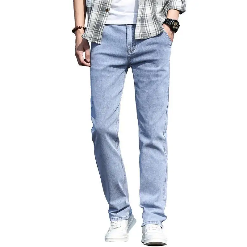 Open Outdoor Sex Pants Summer Light Blue Jeans Men's Straight Loose Thin Stretch Casual Trousers Denim Cargo Y2k Streetwear Men