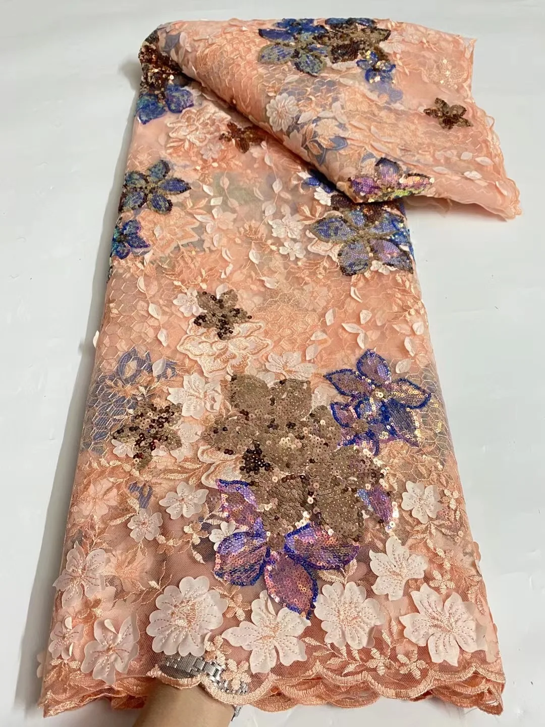 

African 3D Applique Lace Fabric 5 Yards High Quality Embroidered French Nigerian Sequins Lace Fabric For Wedding Dress Party