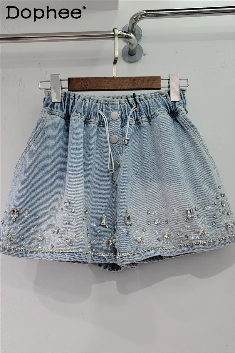 

Heavy Embroidery Sequins Diamond Denim Shorts Women High Waist Slimming Wide-Leg Denim Shorts Jeans 2023 New Summer Short Pants