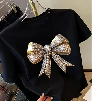 Women's Y2K Bow Printed T-shirt Short Sleeve Round Neck T-shirt with Sparkling Decorative Casual Round Neck Top Women's T-shirt 1