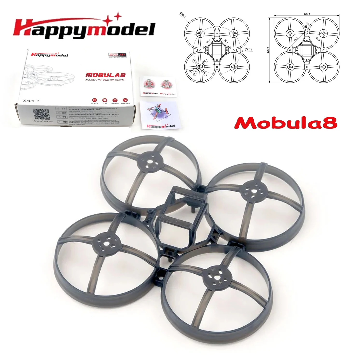 HappyModel Mobula8 85mm RC FPV Drone Frame Kit for Micro Whoop Quadcopter Drone 1-2S Tinywhoop 1002/1102/1103 Brushless Motor