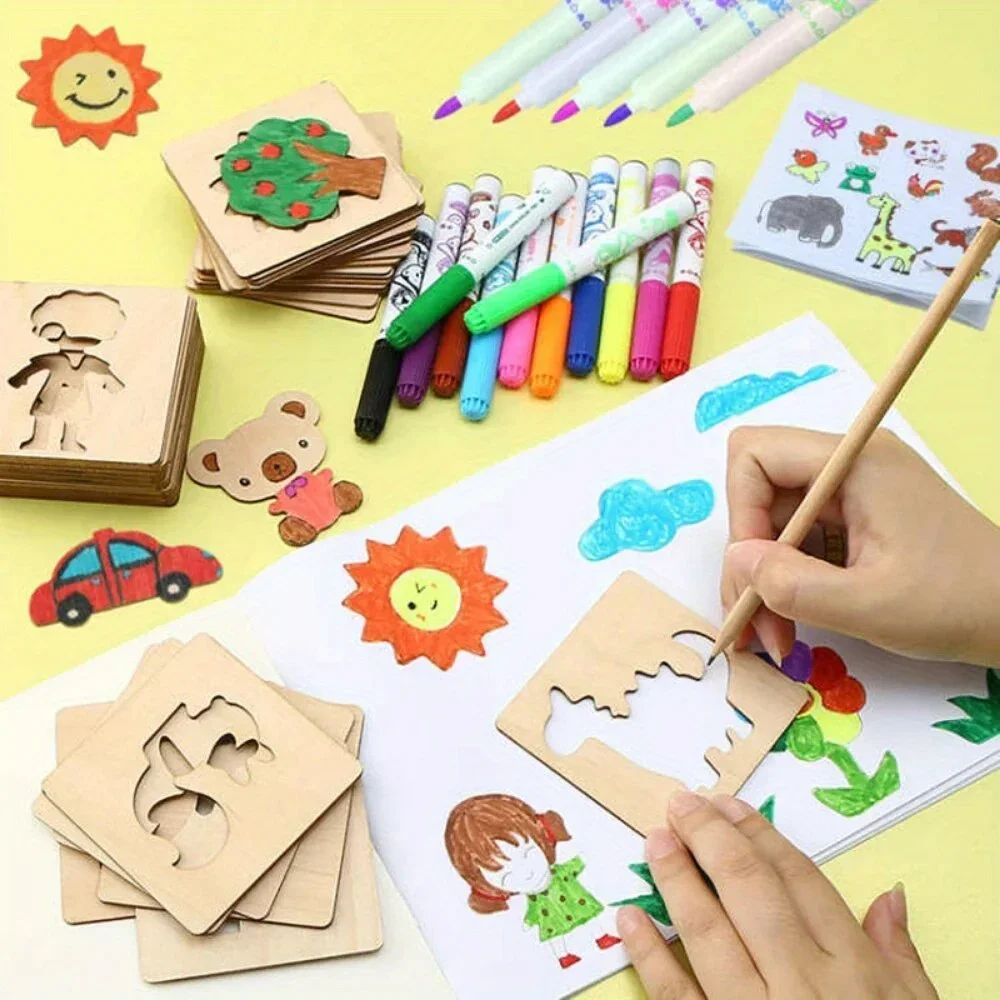 Montessori Kids Toys Drawin Tools Wooden DIY Painting Template Stencils Learning Educational Tool for Children Gift 20pcs