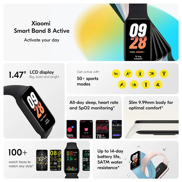 New Xiaomi Mi Band 8 Active Global Version 1.47 Smartband 50+ Fitness  Modes Heart Rate