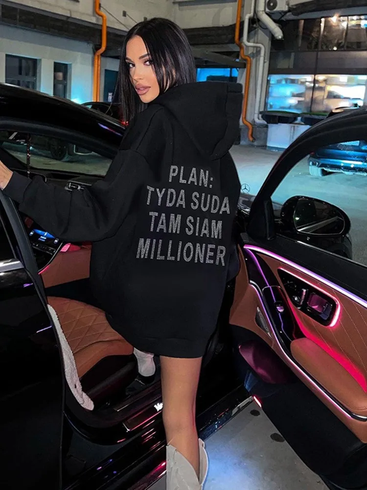 

Women Fashion Letter Print Hooded Pullover Casual Loose Long Sleeves Hoodies Sweatshirt 2023 Autumn Ladies Chic High Streetwear